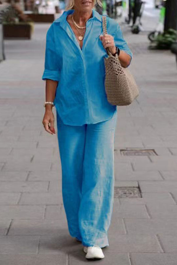 Color Long-sleeved Shirt and Elastic Waisted Loose Wide-leg Pants Set