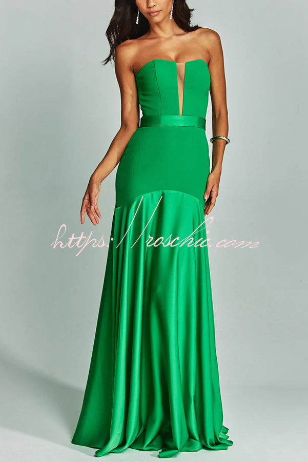 Mermaid Style Off Shoulder Sheer V-neck Satin Hem Party Maxi Dress