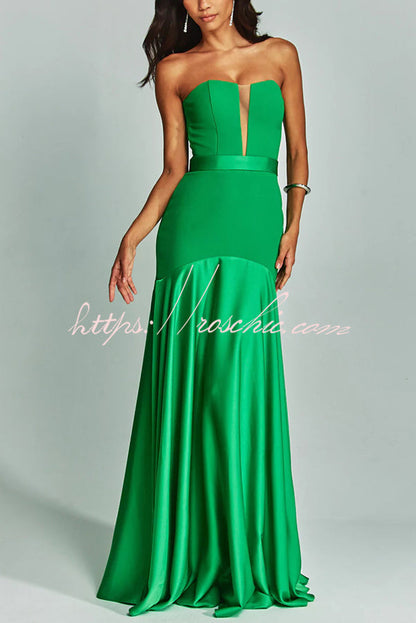Mermaid Style Off Shoulder Sheer V-neck Satin Hem Party Maxi Dress