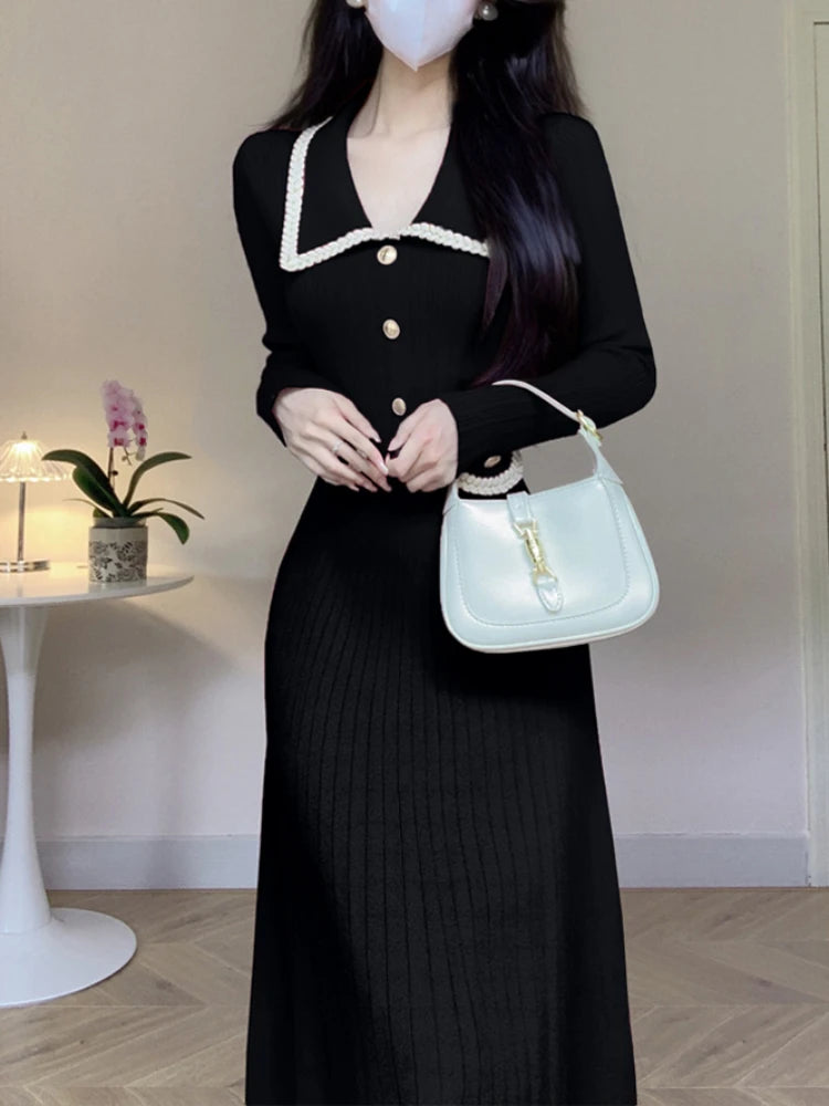 New French Knitted Dress Autumn Winter Slim A-line Lapel Knitted Dresses Long Sleeve Midi Dress