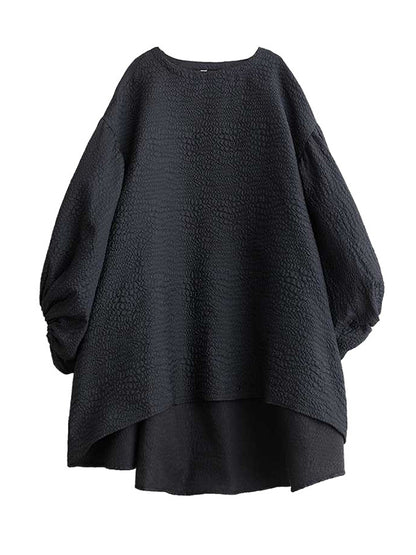 High-low Long Sleeves Elasticity Color Split-joint Round-neck Midi Dresses