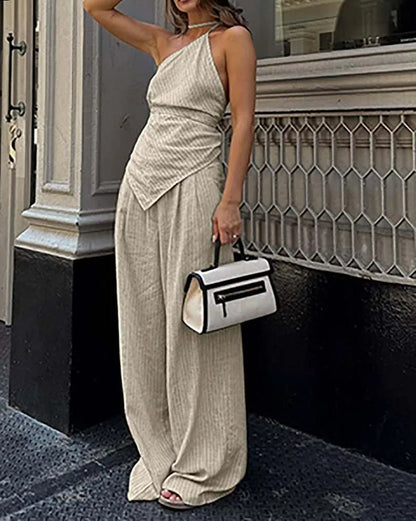 Apricot Print Halter Lace-up Pants Office Two Piece Set