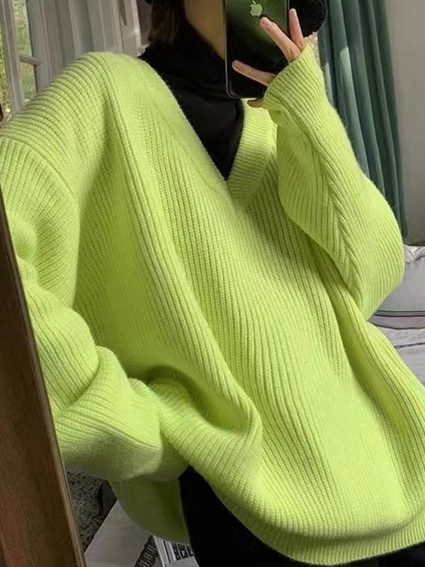 Simple Loose Klein Blue V-neck Long Sleeve Knit Sweater An1066