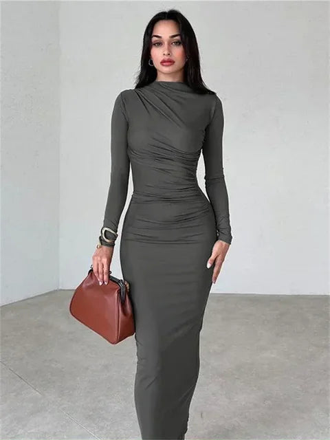 Pleated Long Sleeved Slim Maxi Dress – Off-shoulder Bodycon Gown
