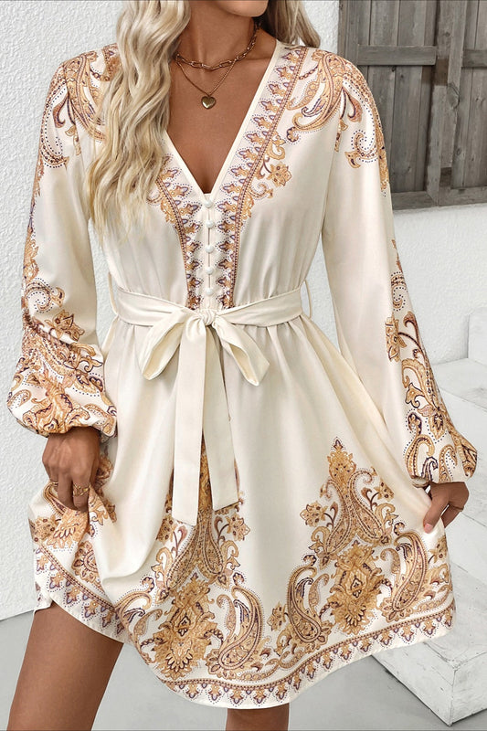 Paisley Print V Neck Mini Dress