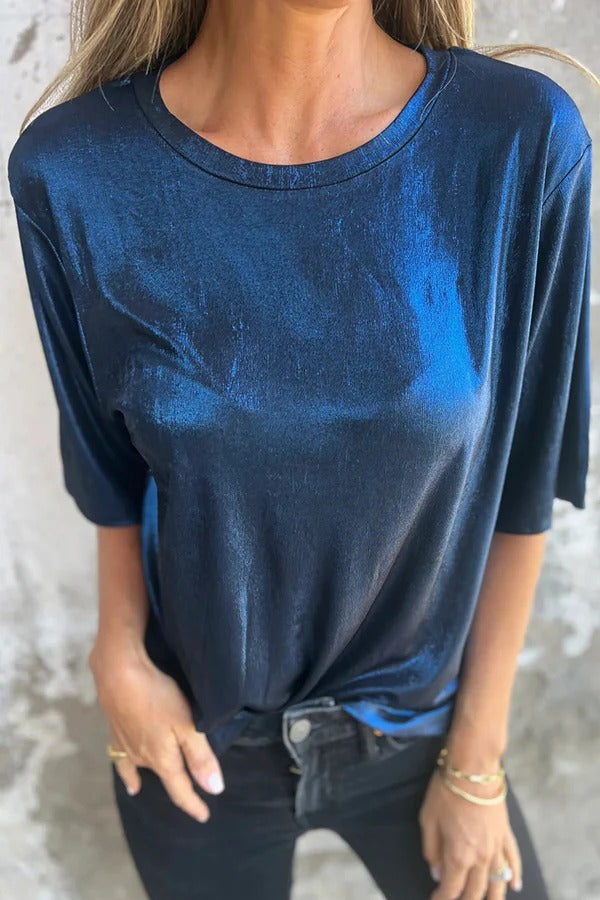 Metallic Color Round Neck Short-sleeved Loose T-shirt