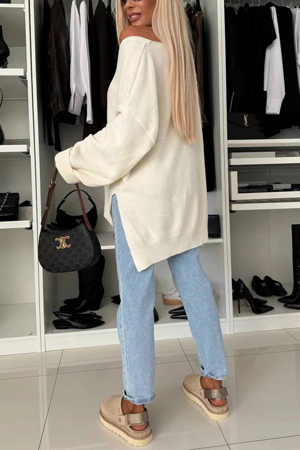 Cold Weather Knit Color Long Sleeve V-neck Irregular Relaxed Sweater