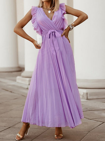 Loose Sleeveless Pleated Color Split-joint Tied Waist V-neck Maxi Dresses