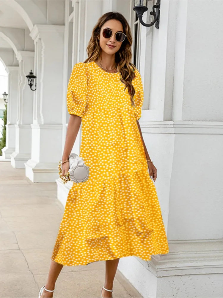 Summer New ’s Print Dress Puff Short Sleeves Ruffles Loose A-line Midi Dresses Beach Vacation Vestidos