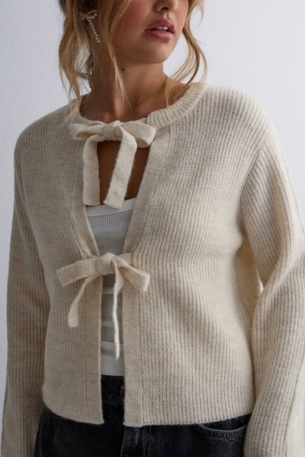 Color Loose Long Sleeve Lace-up Knitted Cardigan