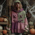 Halloween Faces Colorblock Patchwork Knitted Hooded Sweater artswardrobe