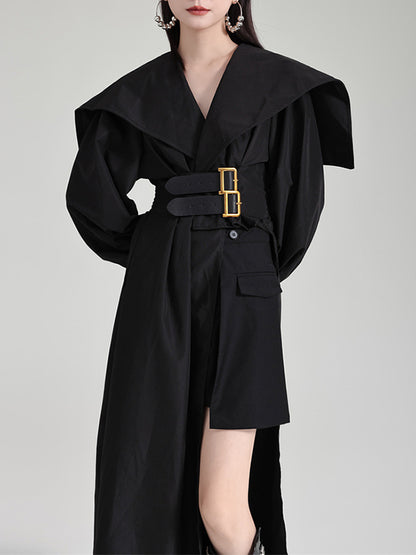 High Waisted Long Sleeves Asymmetric Belted Pleated Color Lapel Midi Dresses