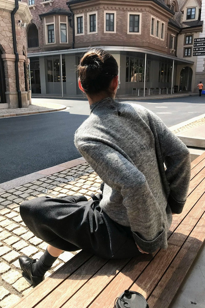 Color-block Mock Neck Loose Lazy-style Knit Sweater