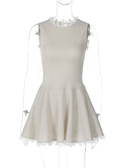 Autumn Lace Patchwork Mini Dress for Ruffled Sleeveless Slim Party Dress Gown Female High Waist Dress
