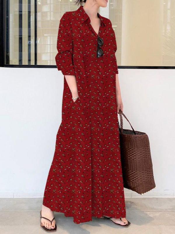 Printed Lapel Long Sleeve Shirt Maxi Dress