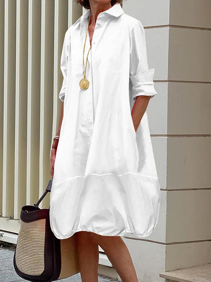 Long Sleeves Loose Color Lapel Collar Midi Dresses Shirt Dress