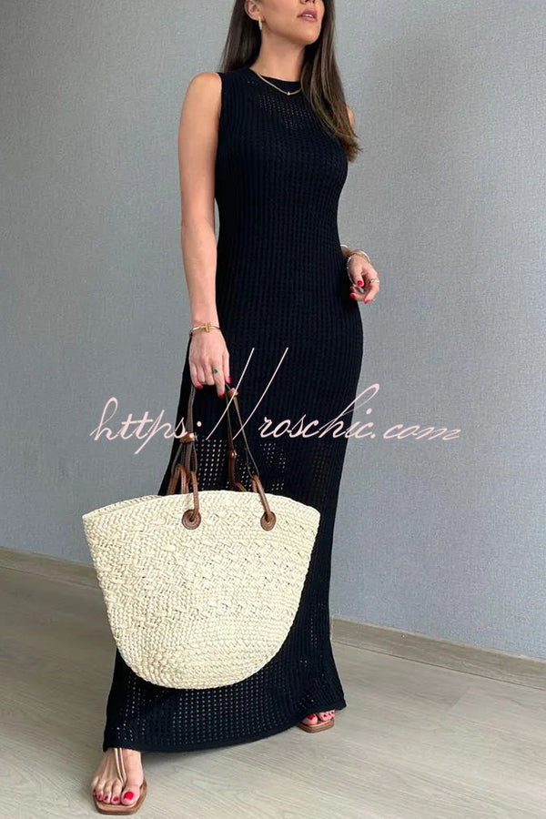 Knitted Round Neck Paneled Cutout Bodycon Maxi Dress