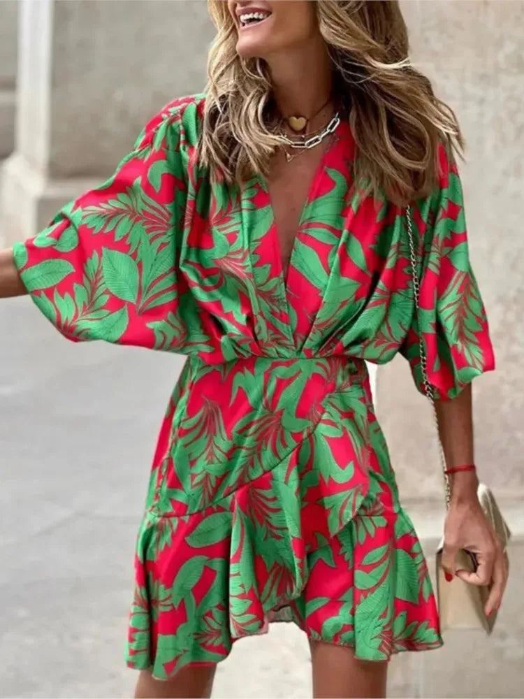 Summer Irregular Mini Dress Print Bohemia Sundress Bat Sleeve Ruffles Vestidos Dresses for