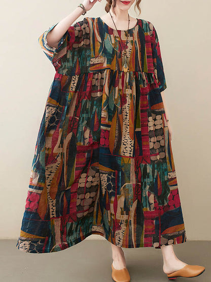 Loose Abstract Printed Pleated Round-neck Half Sleeves Midi Dress