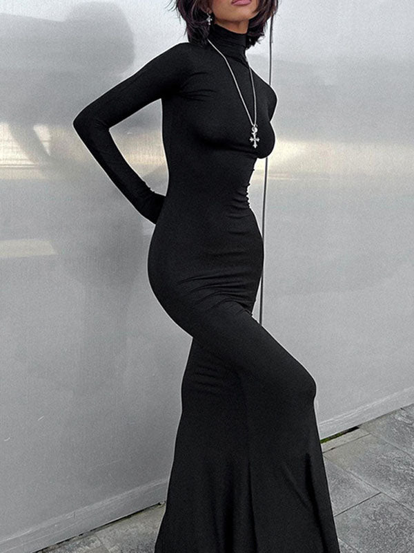 Bodycon Long Sleeves Color Split-joint High Neck Maxi Dresses