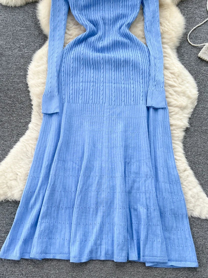 Knitted Dress Spring Autumn Long Sleeve V-neck Bodyon Dresses Slim A-line Single Breasted Sweater Robe
