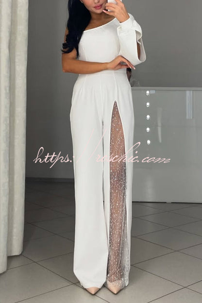 Fashionable Oblique Shoulder One-sleeve High Slit Slim Jumpsuit