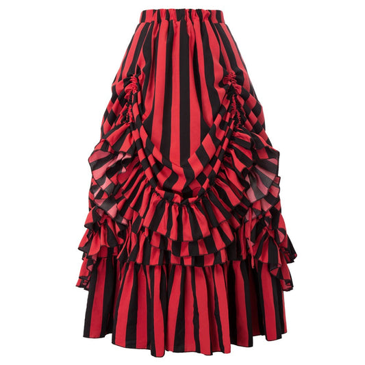 Steampunk Balck Red Striped Multi Layered Ruffled Hem Skirt