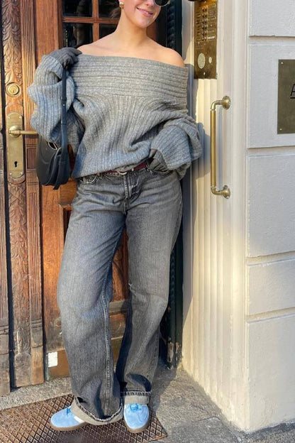 Fashionable Irregular Collar Loose Knitted Sweater