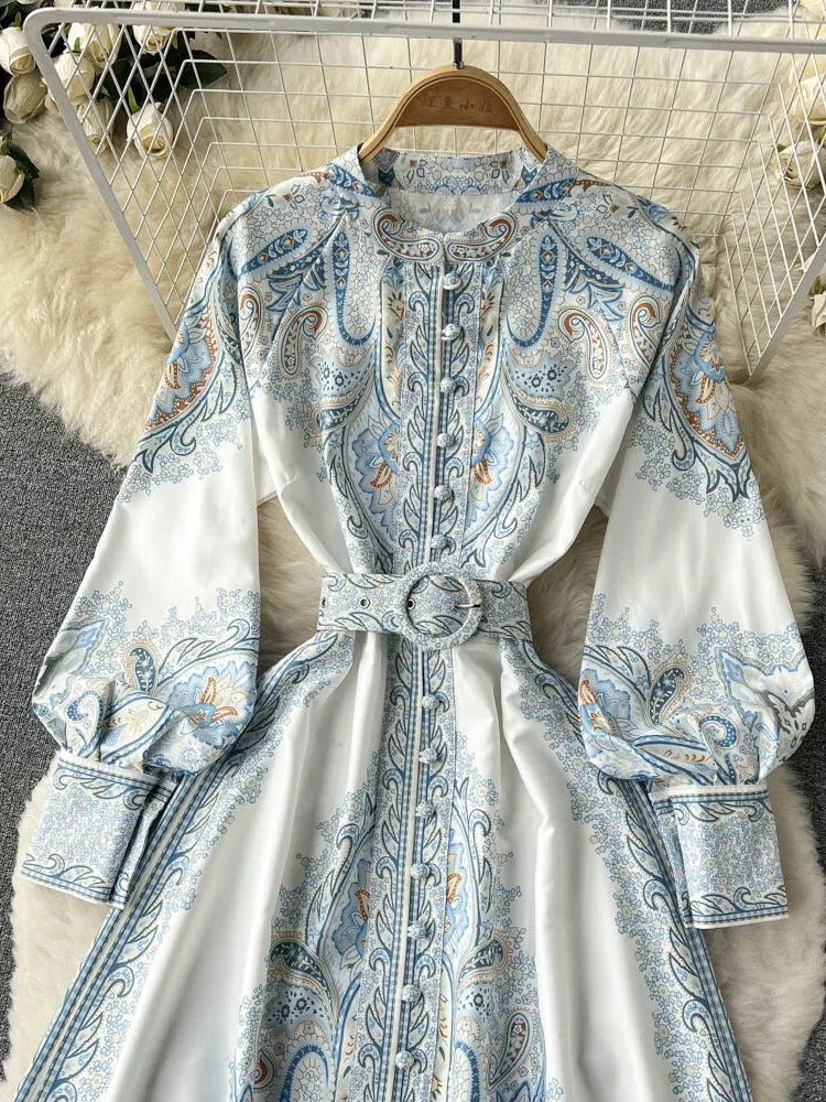 New Party Dress Long Sleeve Single Breasted Stand Collar Printed Long Dresses Spring Autumn Robe