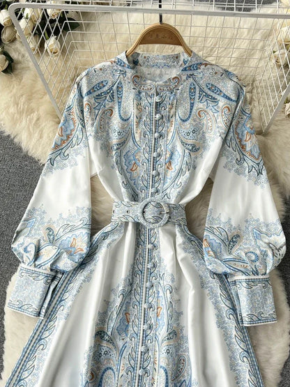 New Party Dress Long Sleeve Single Breasted Stand Collar Printed Long Dresses Spring Autumn Robe