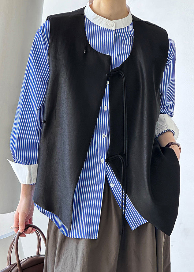 French Black Button Cotton Waistcoat Sleeveless Af1088