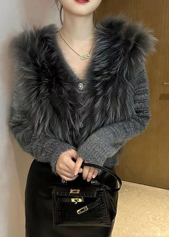 Art Grey V Neck Fur Collar Cotton Knit Sweater Winter Wv027