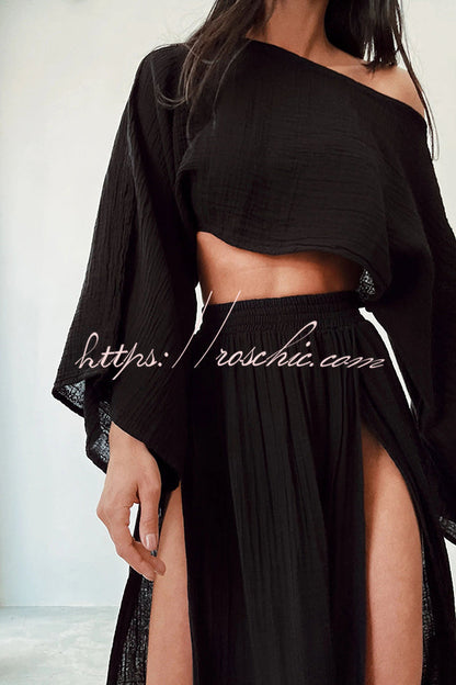 Beach Linen Blend Wide Sleeve Blouse and Elastic Waist Double Slit Skirt Set