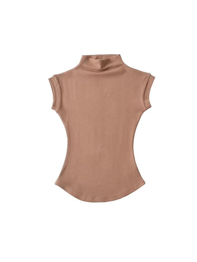 Summer Turtleneck Sleeveless T-shirts Tops Slim Fit Pullovers Causal Tees Shirts Female Basics Tees