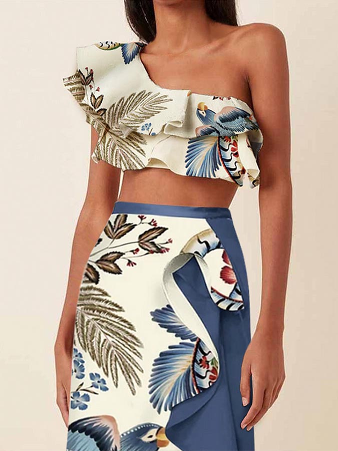 Ruffle Printed Bikini Swimsuit and Skirt
