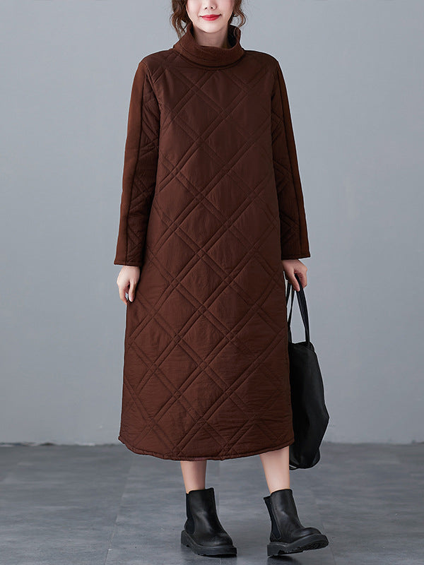 A-line Long Sleeves Color High-neck Midi Dresses