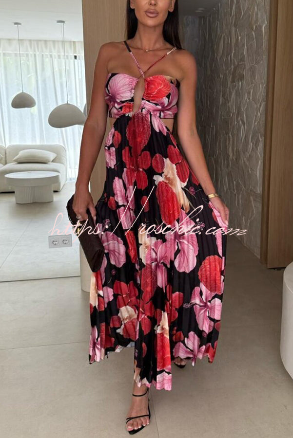 Casey Satin Print Cutout Halter Back Tie-up Pleated Maxi Dress