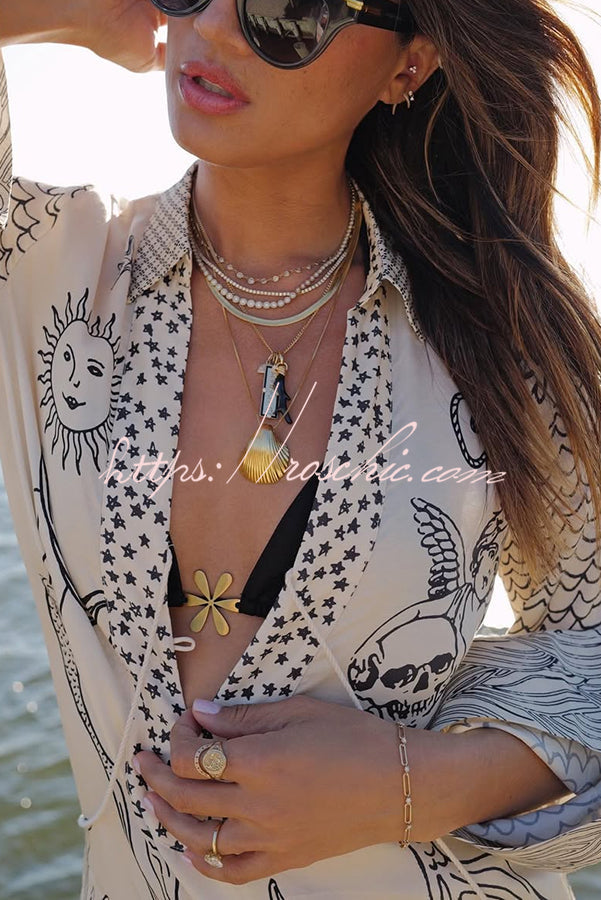 Live by Water Satin Unique Letter Print Tassle Shirt and Elastic Waist Shorts Set