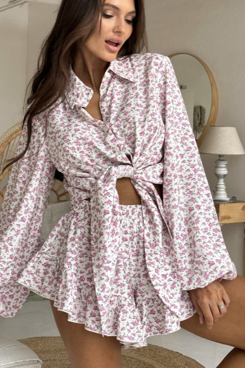 Long Sleeve Lapel Ruffle Shorts Two Piece Set