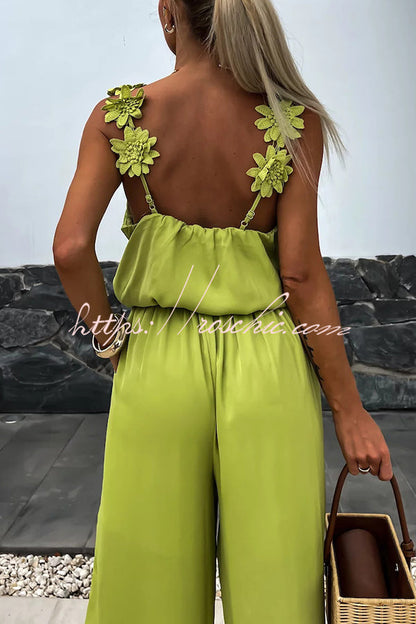 Color Embroidered Flower Suspenders Loose Jumpsuit