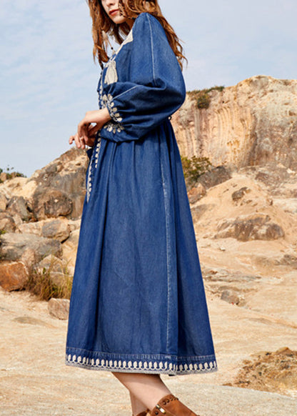 Navy V Neck Embroidered Patchwork Denim Maxi Dresses Spring Nn022
