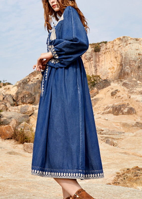 Navy V Neck Embroidered Patchwork Denim Maxi Dresses Spring Nn022