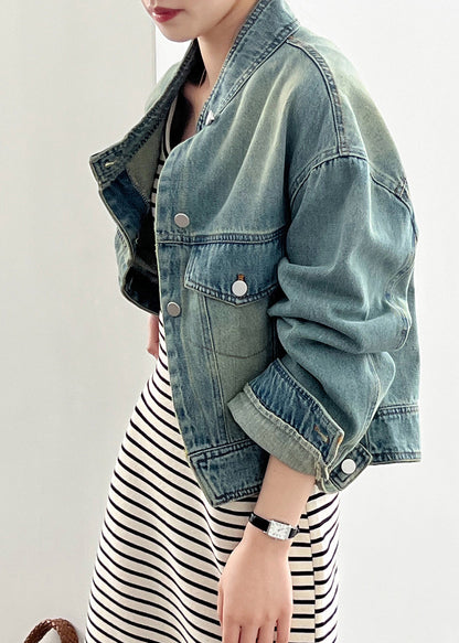 Blue Stand Collar Pockets Denim Short Coat Fall Af1029