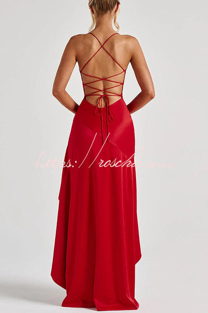 Color Backless Lace-up Irregular Ruffled Maxi Dress