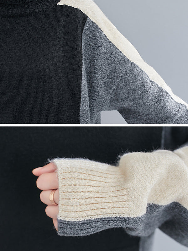 Stylish Grey High-neck Color-block Long Sleeve Knit Sweater An1043