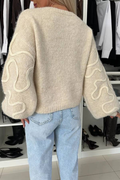Mood Knit Contrast Color Sewing Line Pattern Loose Sweater
