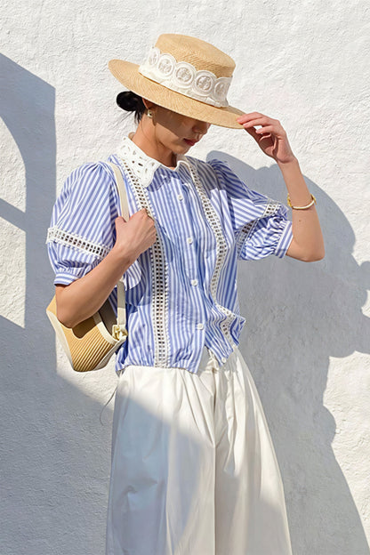 Stripe Lace Puff Sleeve Blouse