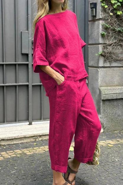 Color Crewneck Top \u0026 Pants Cotton Linen Two-piece Set