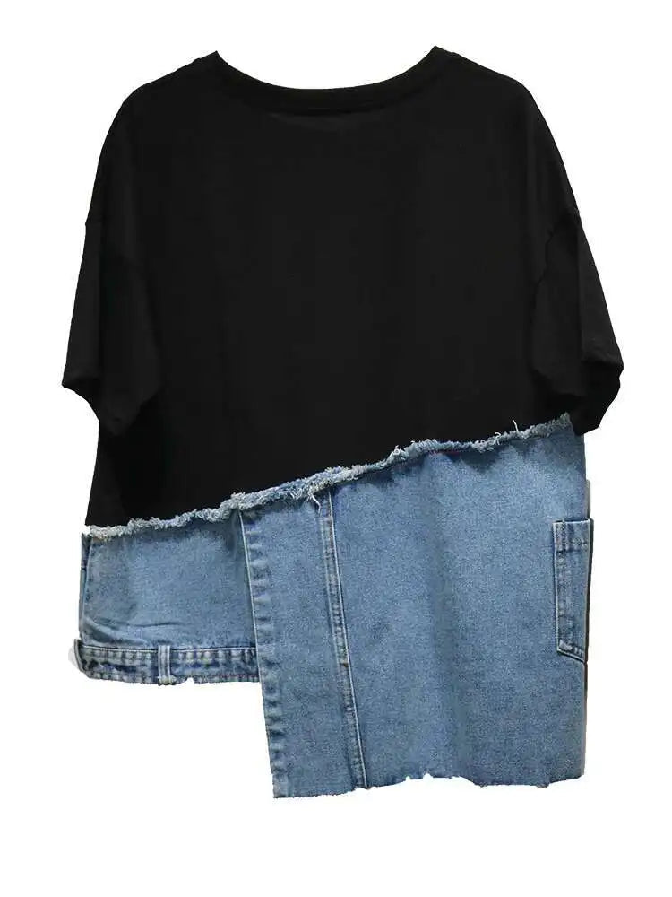 Denim Street Patchwork Sleeve White Short T-shirt O-neck Hem