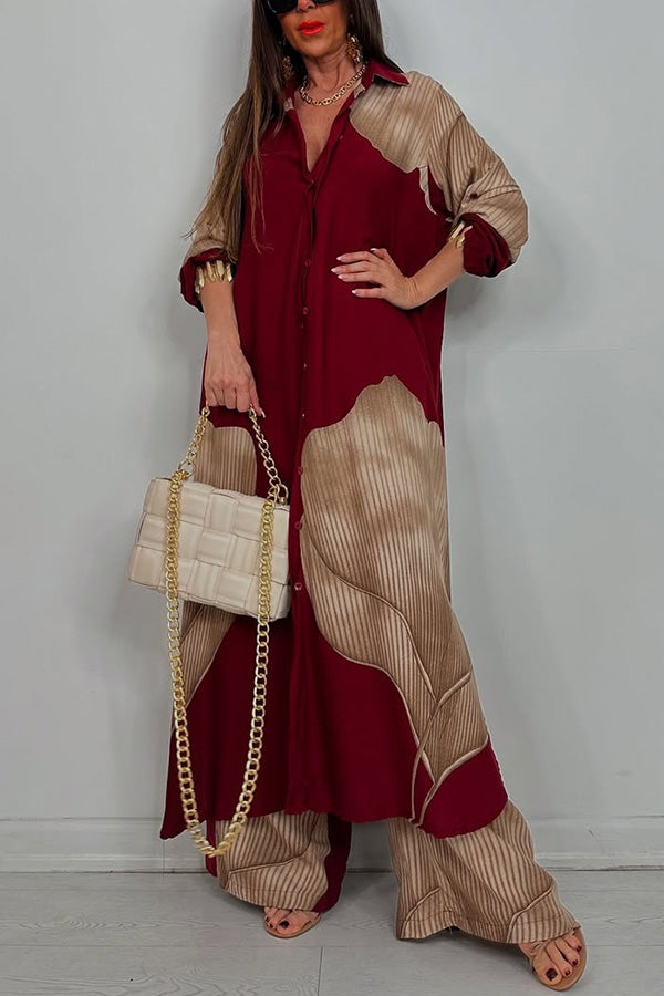 Unique Printed Loose Long Shirt and Elastic Waist Pocket Wide Leg Pants Set